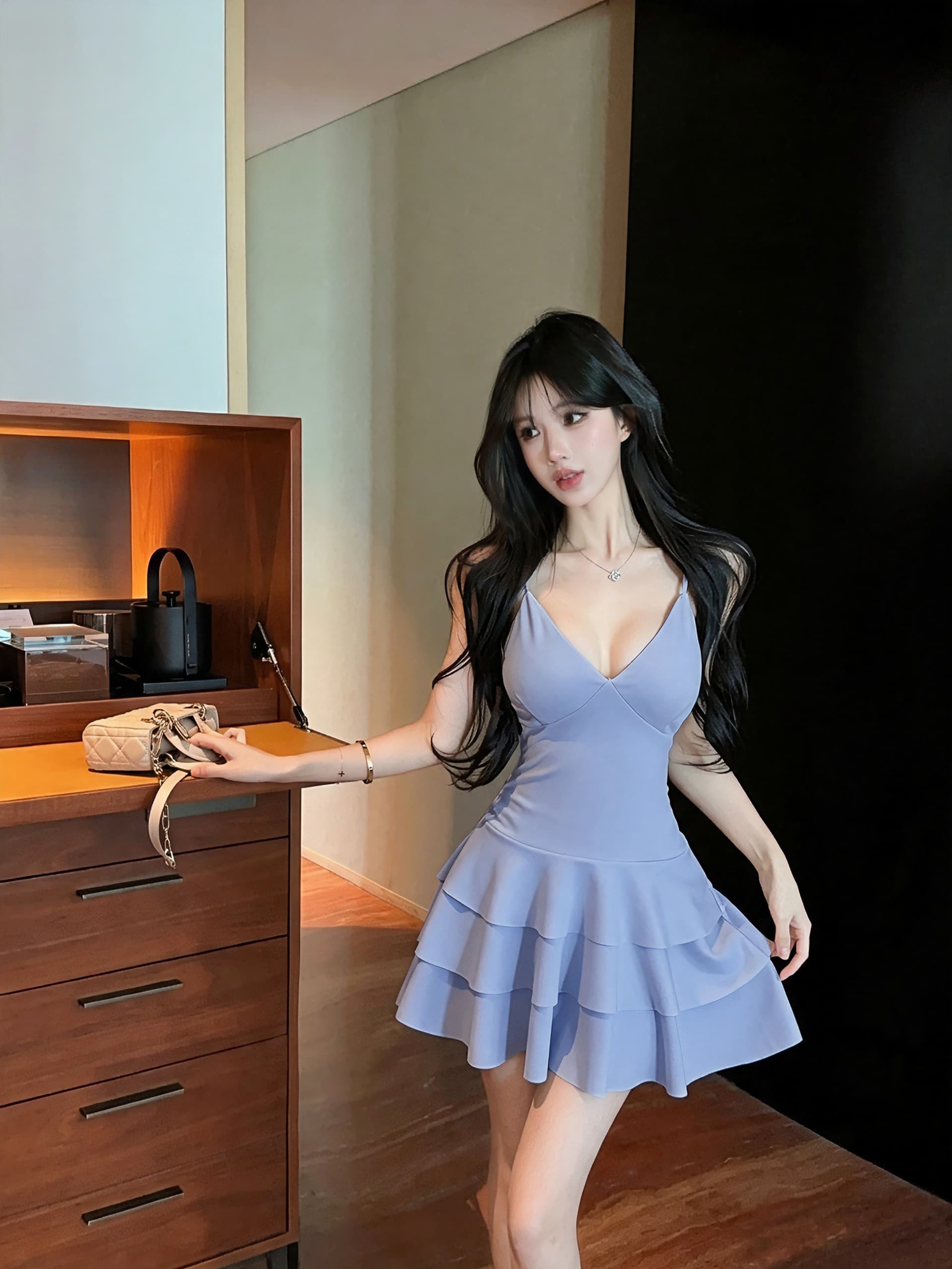 실사 쇼트 스타일 다중 레이어 슬립 드레스 상세 이미지 4