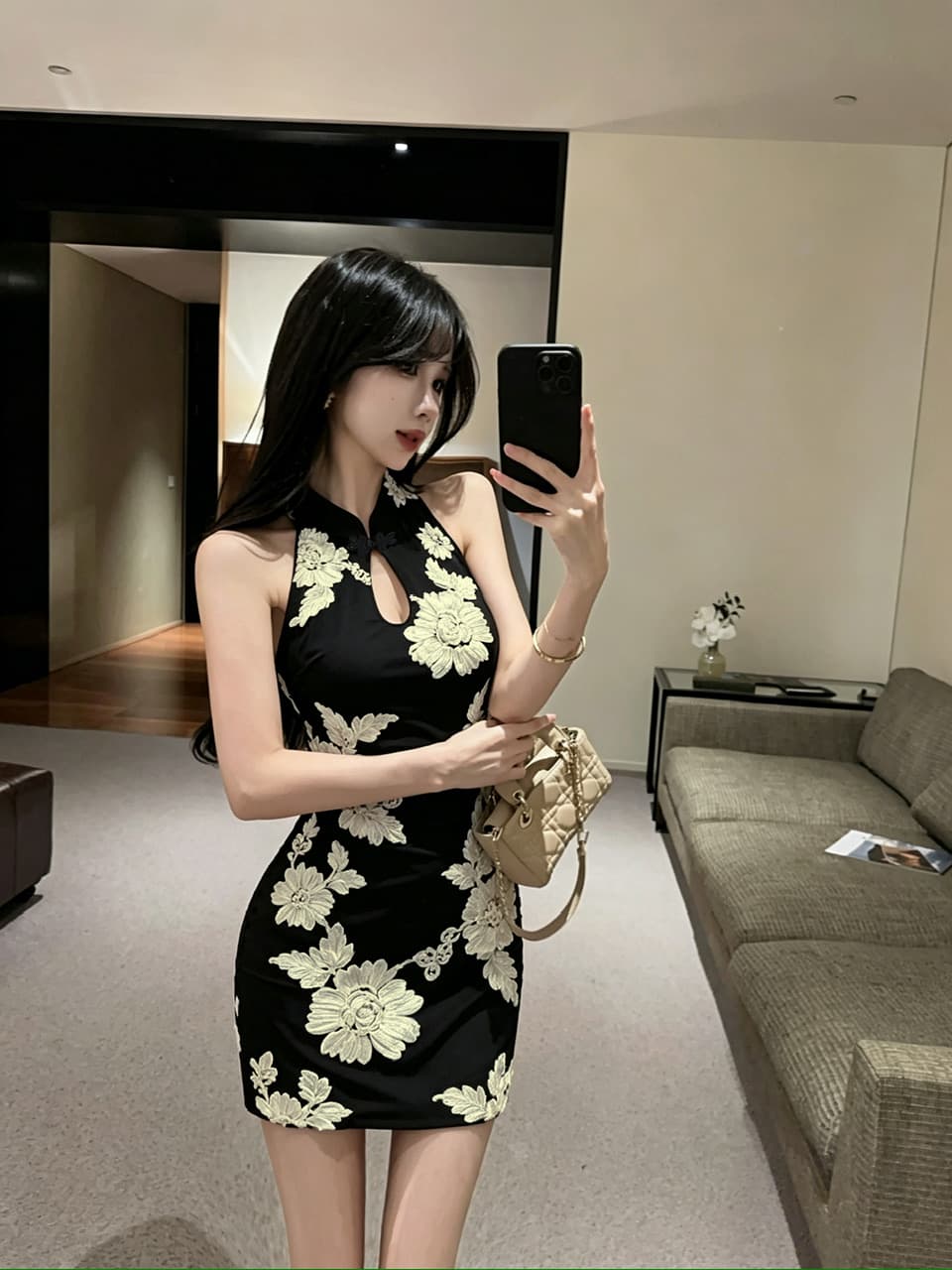 실사 민소매 치파오 미니 스커트 상세 이미지 5