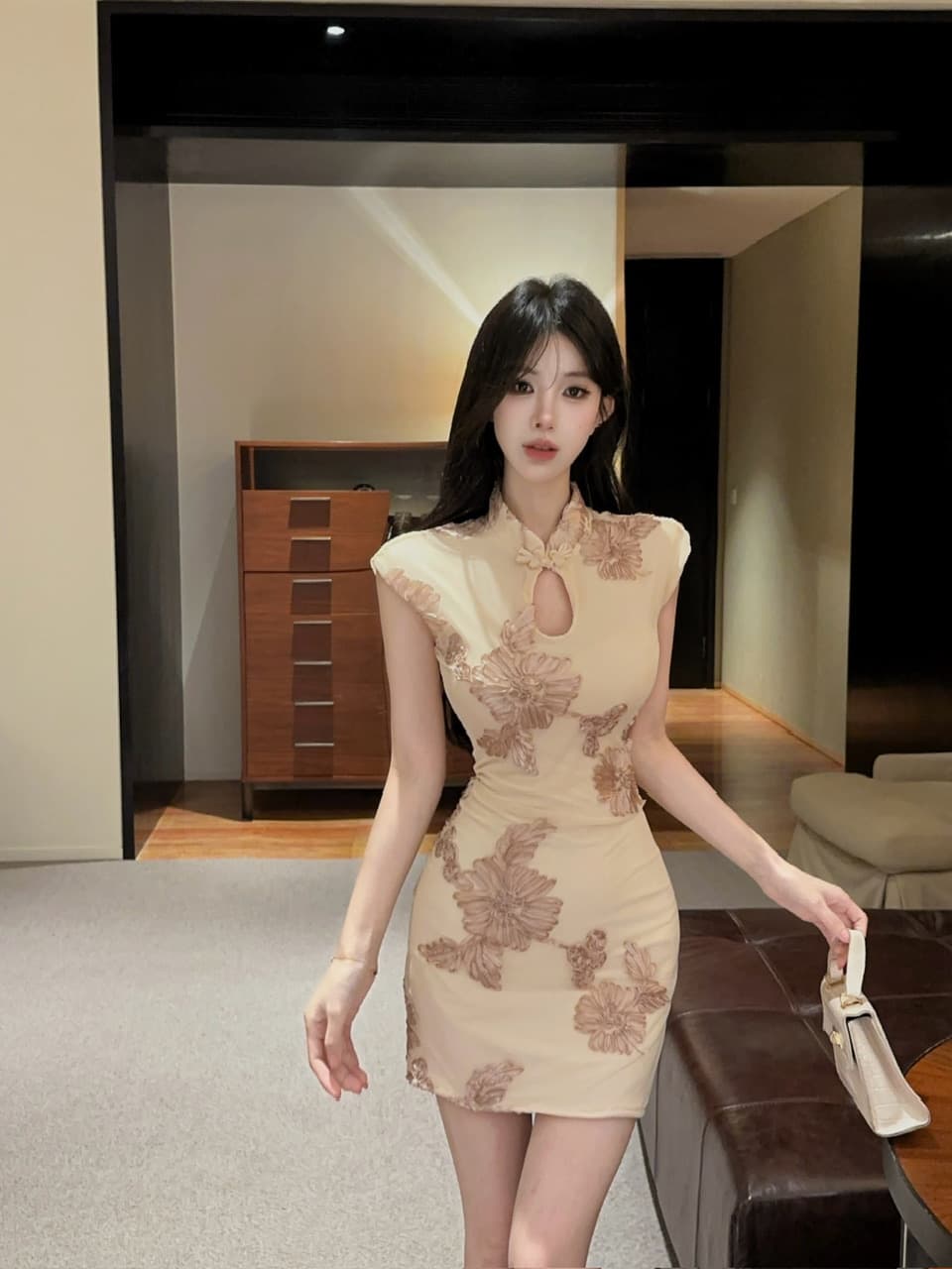 실사 반팔 개선 치파오 미니 스커트 상세 이미지 3