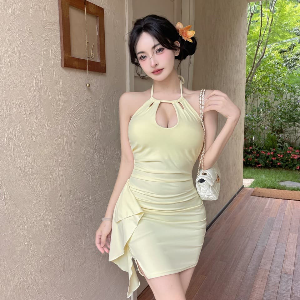 실사 쇼트 스타일 행침 목 드레스 이미지 2