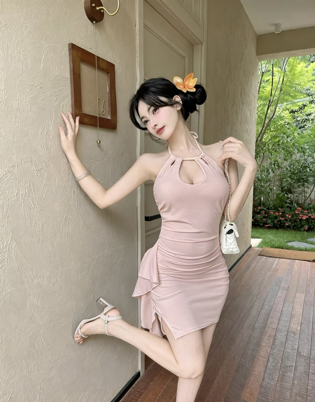 실사 쇼트 스타일 행침 목 드레스 상세 이미지 9
