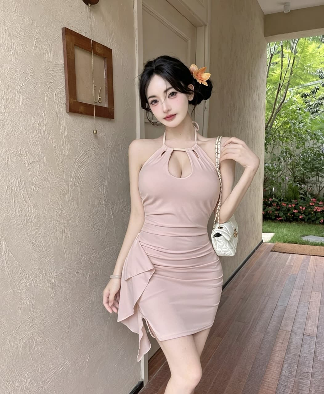 실사 쇼트 스타일 행침 목 드레스 상세 이미지 10