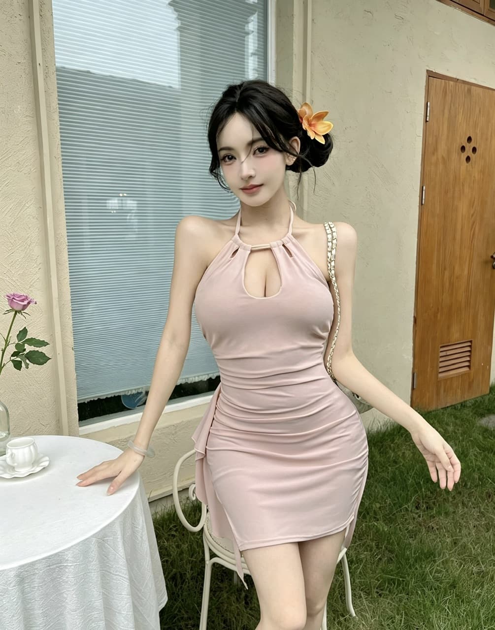 실사 쇼트 스타일 행침 목 드레스 상세 이미지 14