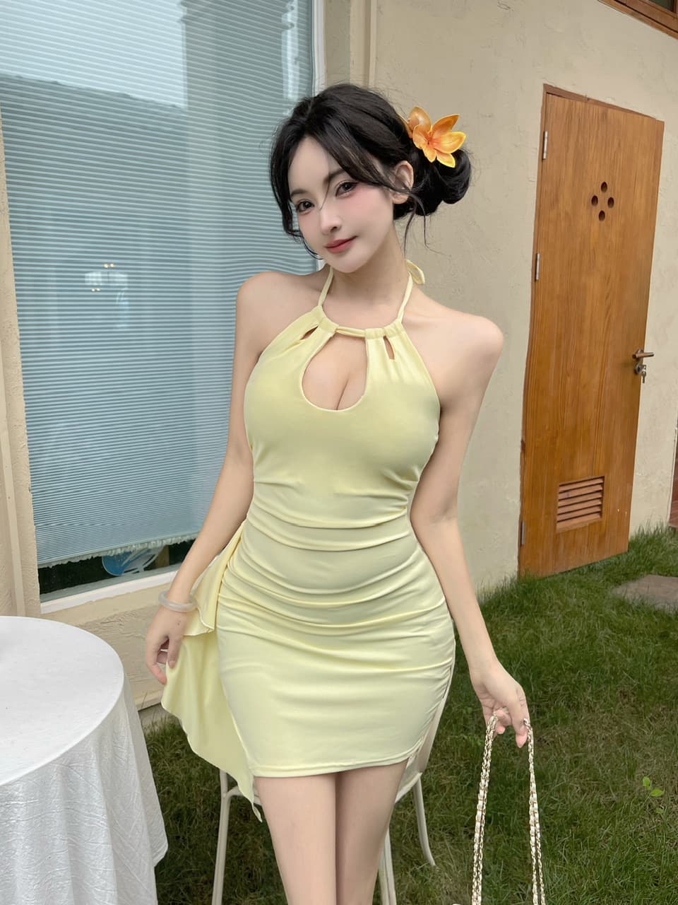 실사 쇼트 스타일 행침 목 드레스 상세 이미지 17