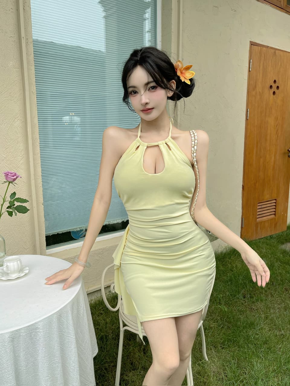 실사 쇼트 스타일 행침 목 드레스 상세 이미지 18