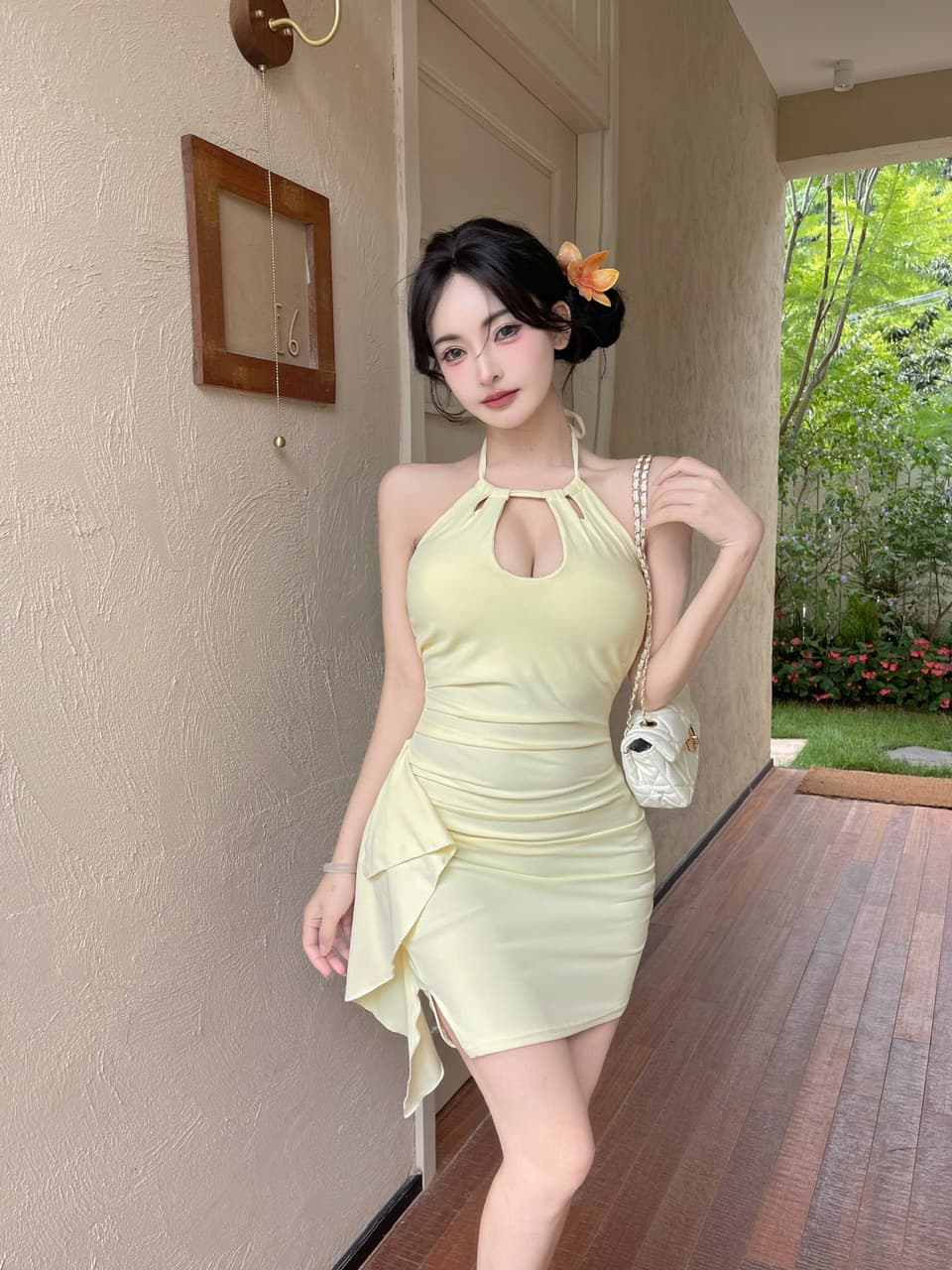 실사 쇼트 스타일 행침 목 드레스 상세 이미지 20