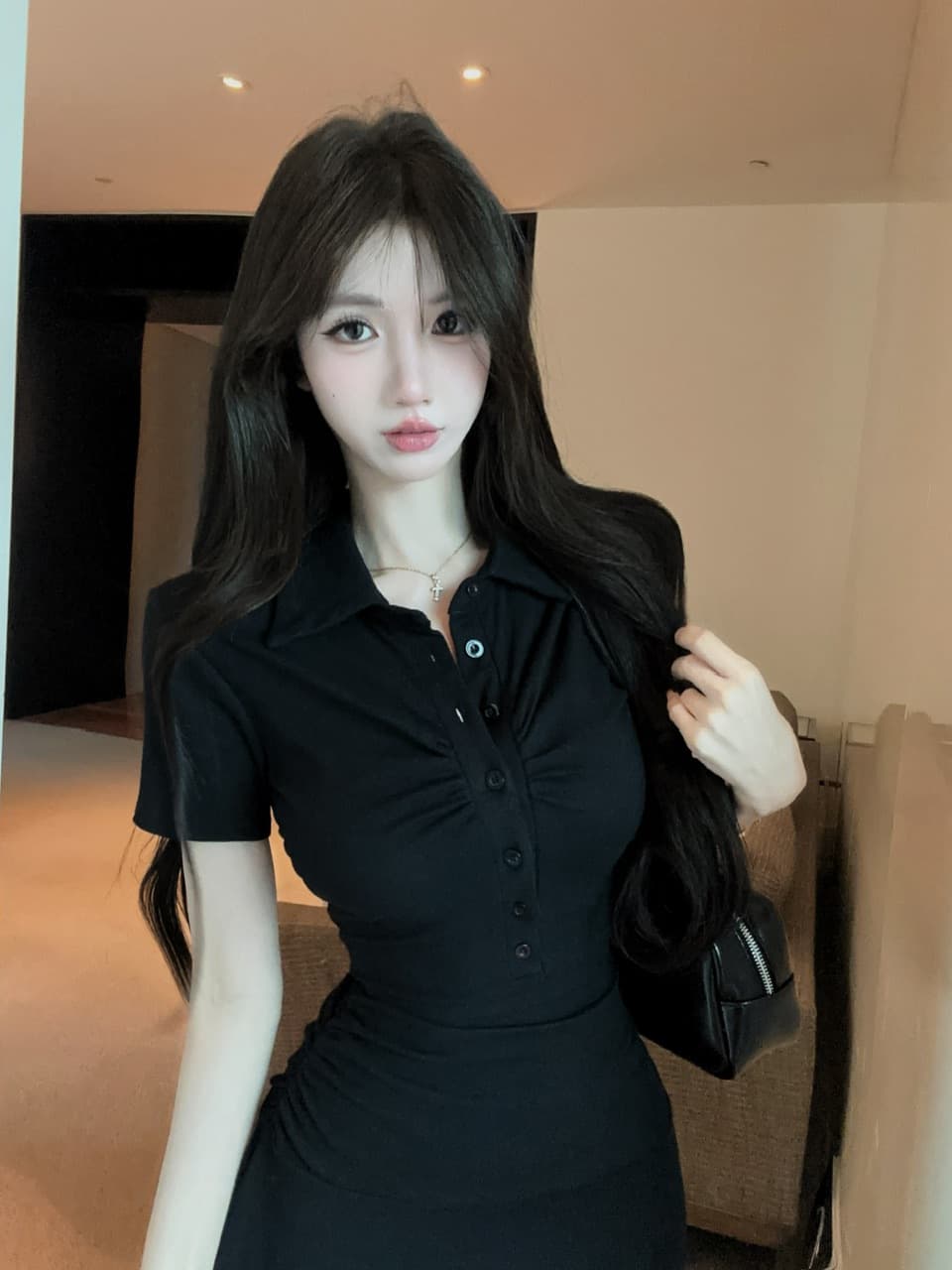 실사 면 소재 폴로 칼라 검정색 큰 진자 드레스 상세 이미지 1