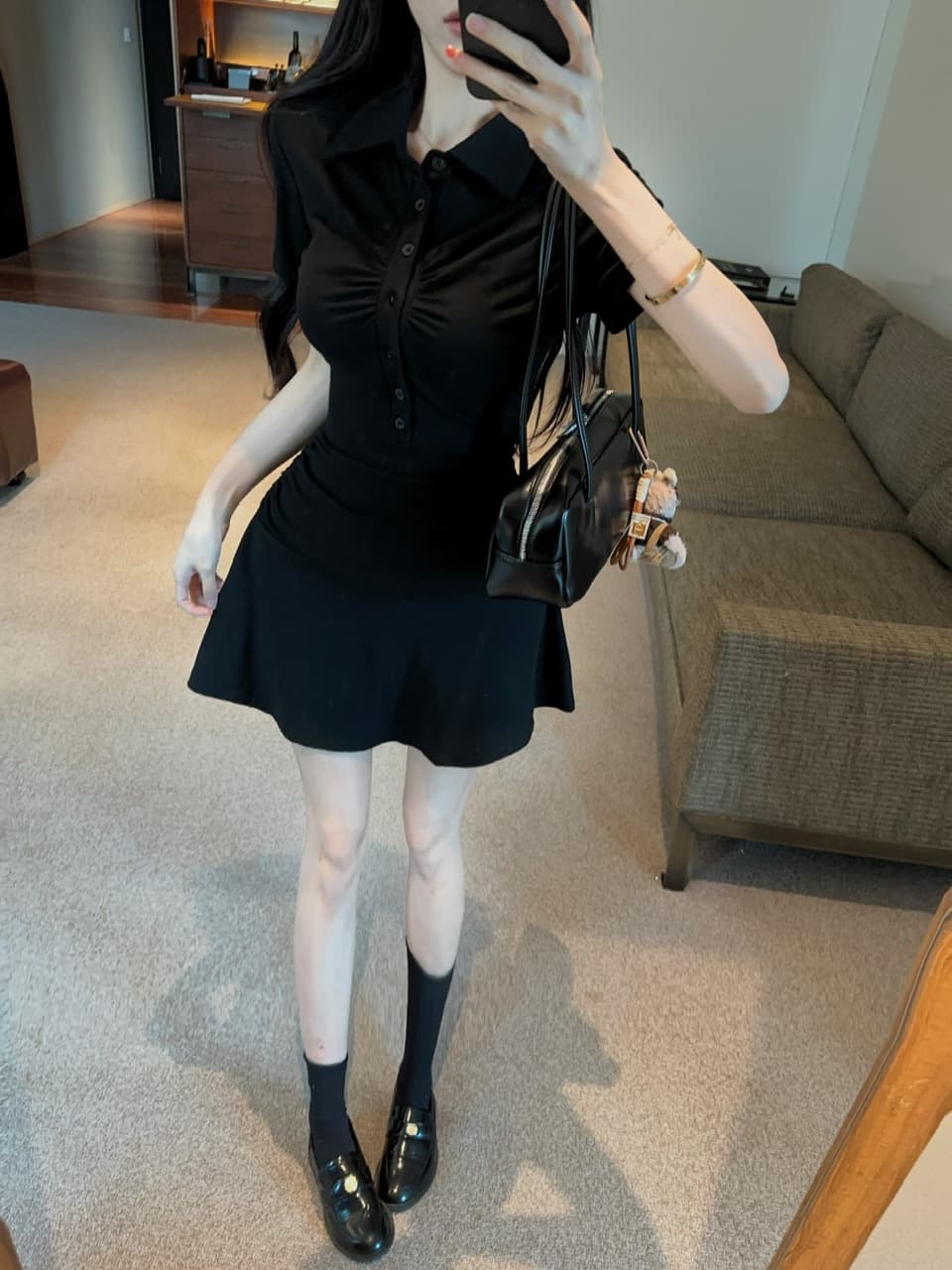 실사 면 소재 폴로 칼라 검정색 큰 진자 드레스 상세 이미지 2