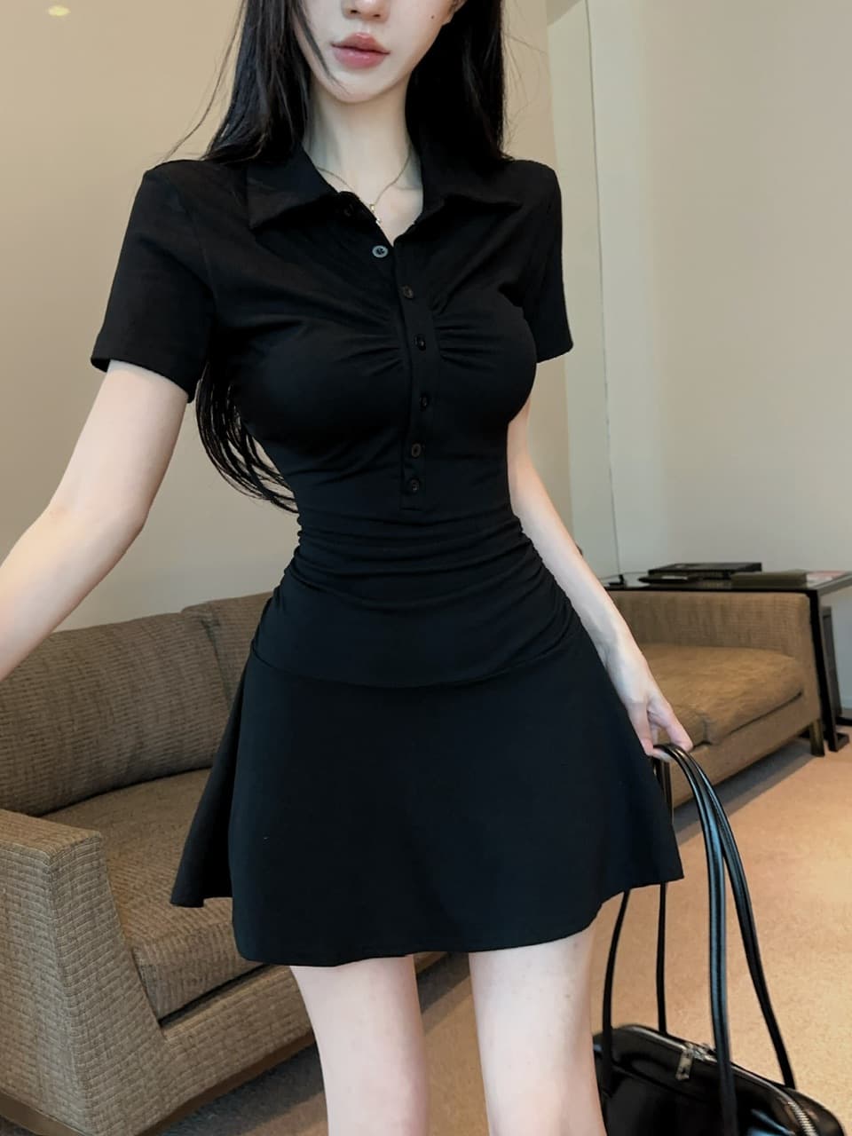 실사 면 소재 폴로 칼라 검정색 큰 진자 드레스 상세 이미지 3