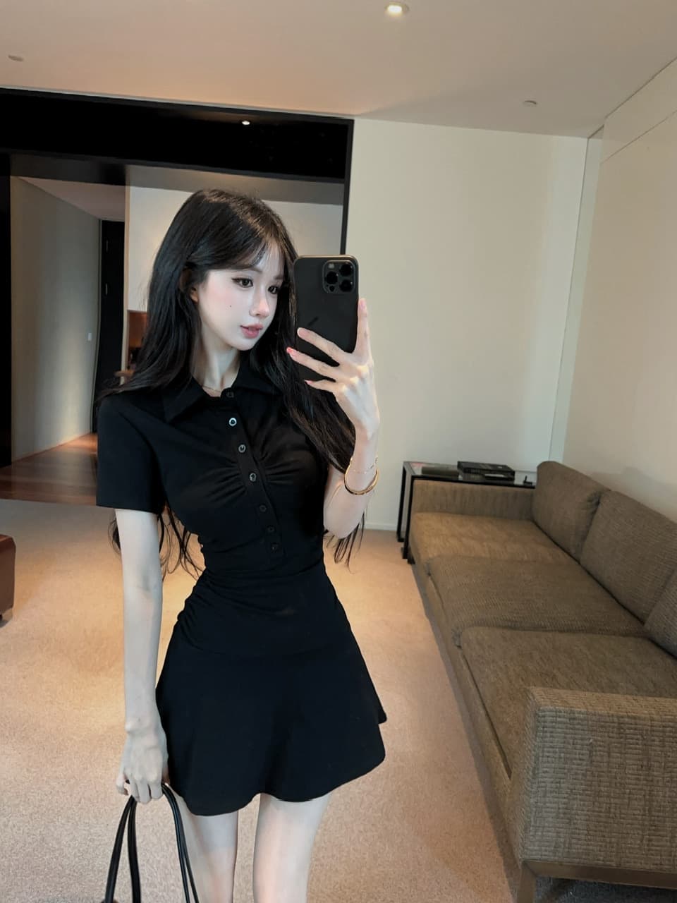 실사 면 소재 폴로 칼라 검정색 큰 진자 드레스 상세 이미지 6