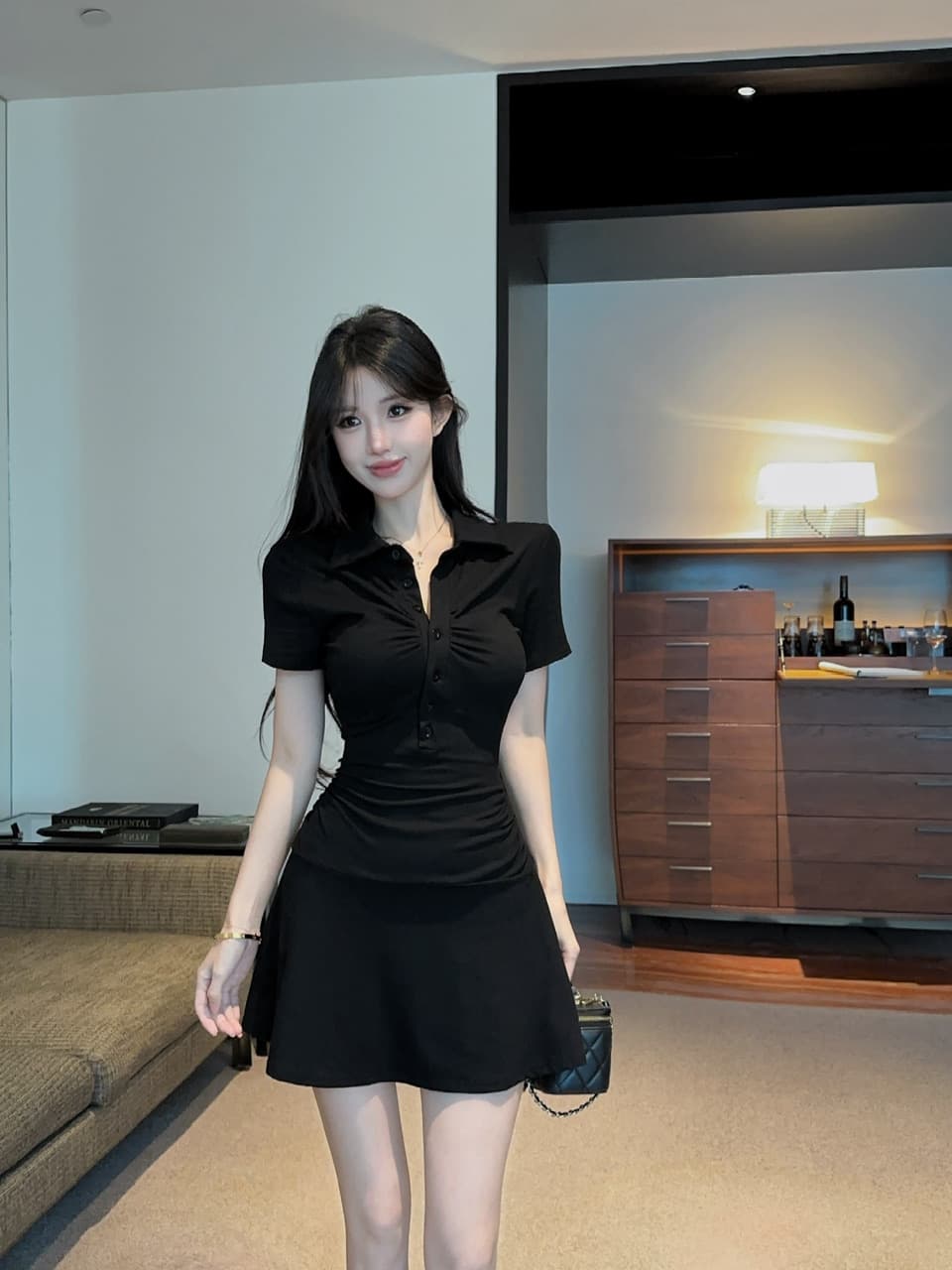 실사 면 소재 폴로 칼라 검정색 큰 진자 드레스 상세 이미지 8