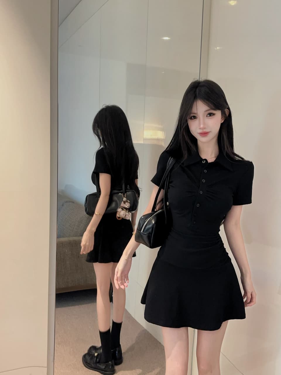실사 면 소재 폴로 칼라 검정색 큰 진자 드레스 상세 이미지 10