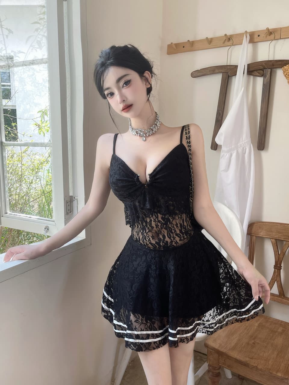 실사 레이스 홀로우 아웃 허리 수축 슬립 드레스 상세 이미지 2