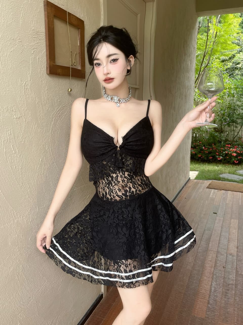 실사 레이스 홀로우 아웃 허리 수축 슬립 드레스 상세 이미지 4