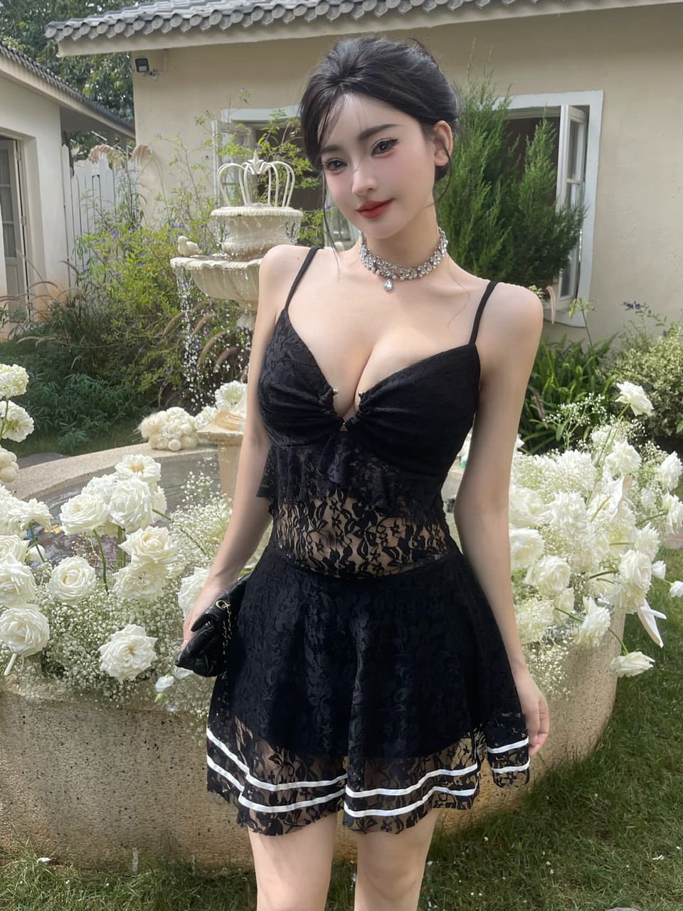 실사 레이스 홀로우 아웃 허리 수축 슬립 드레스 상세 이미지 6