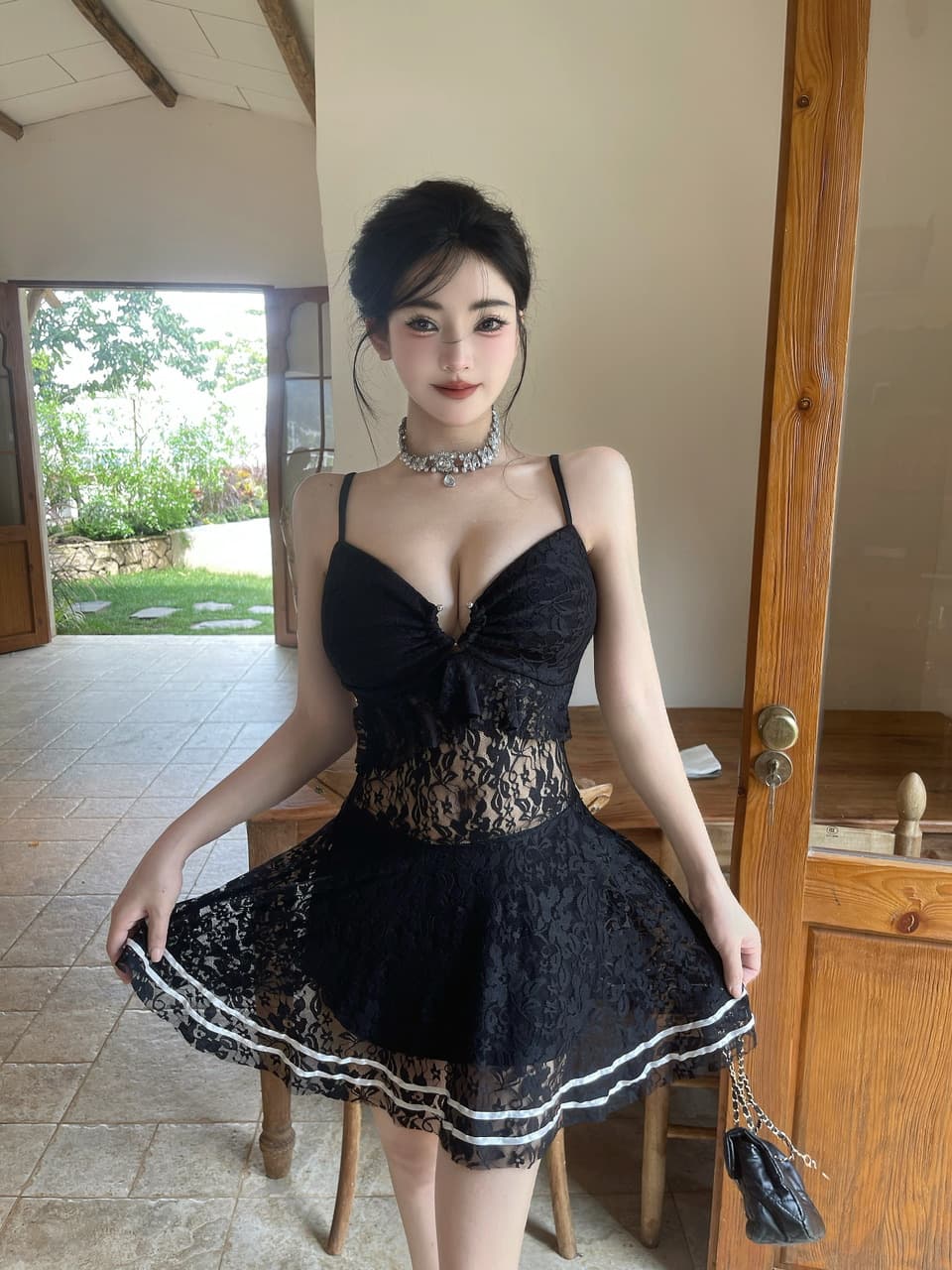 실사 레이스 홀로우 아웃 허리 수축 슬립 드레스 상세 이미지 7
