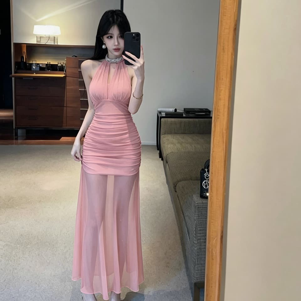 실사 롱 코트 망사 드레스 이미지 4