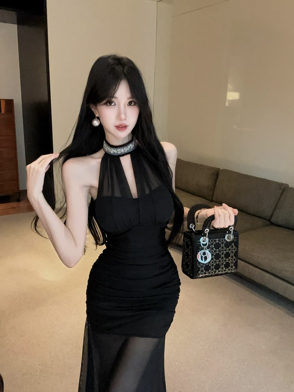 실사 롱 코트 망사 드레스 상세 이미지 8