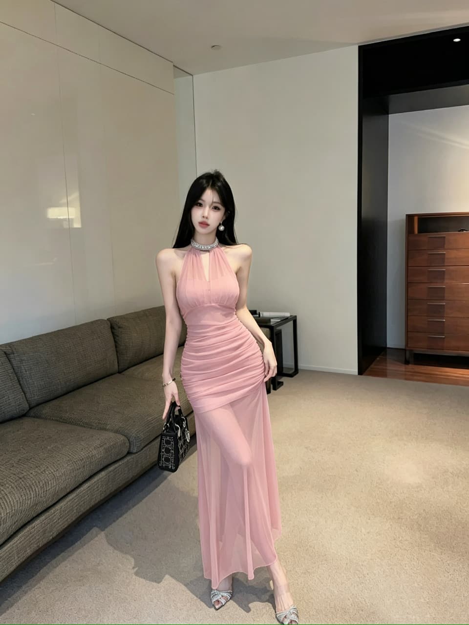 실사 롱 코트 망사 드레스 상세 이미지 11