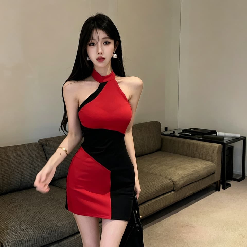 실사 면 소재 배색 드레스 이미지 2