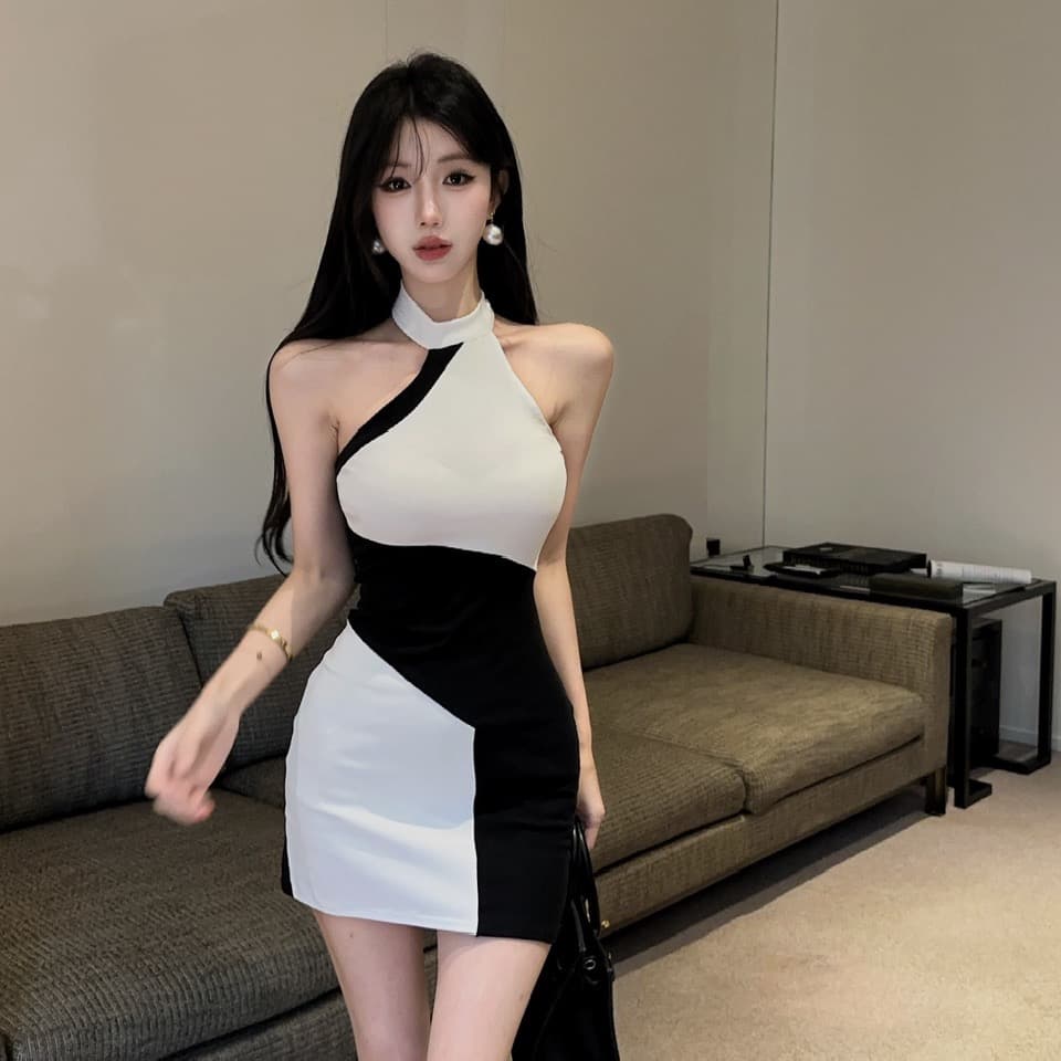 실사 면 소재 배색 드레스