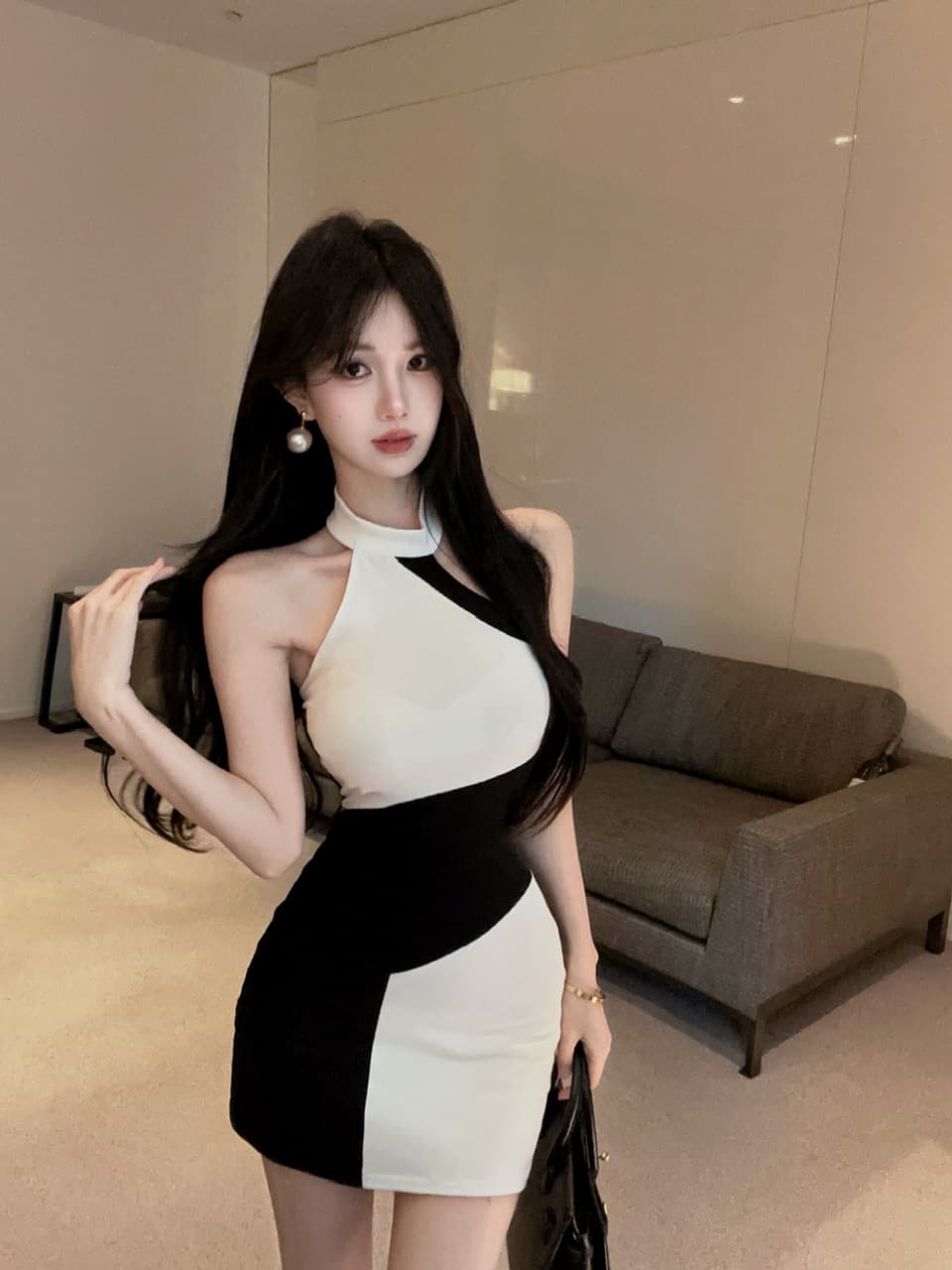 실사 면 소재 배색 드레스 상세 이미지 4