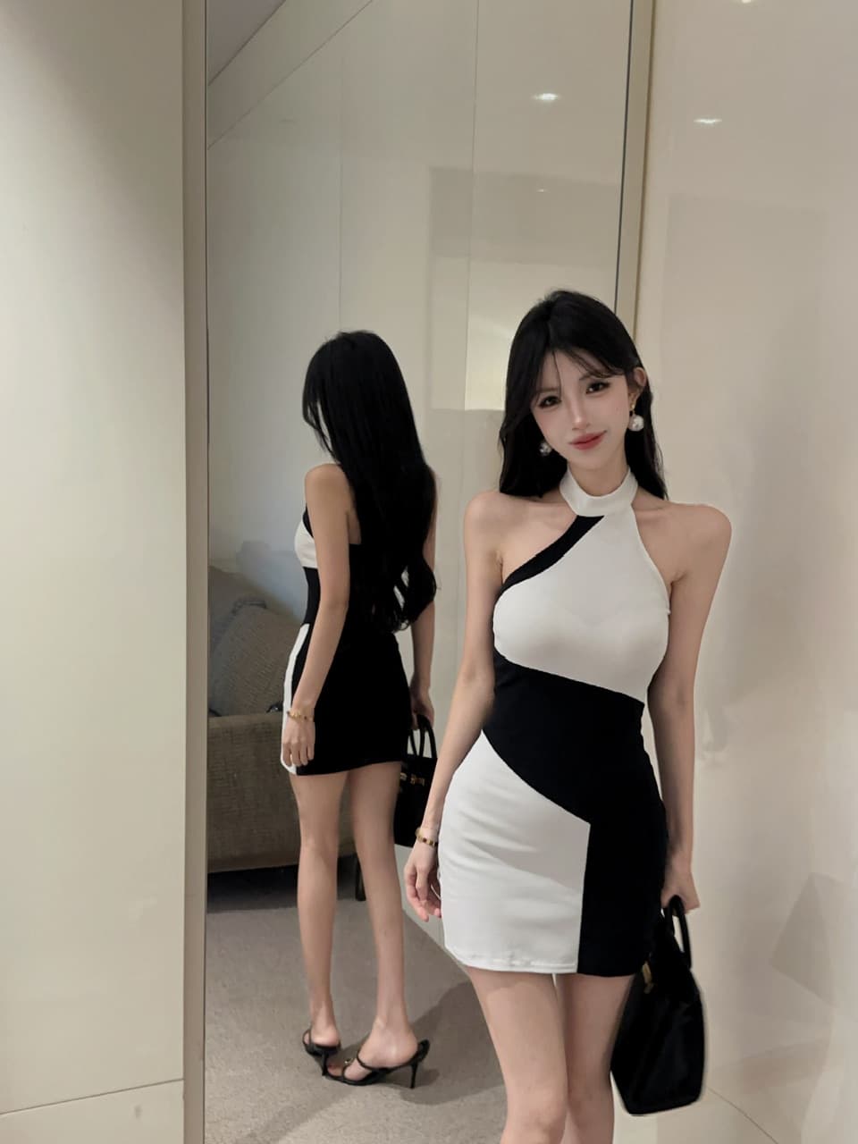 실사 면 소재 배색 드레스 상세 이미지 5