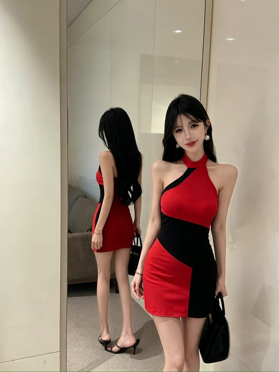 실사 면 소재 배색 드레스 상세 이미지 9