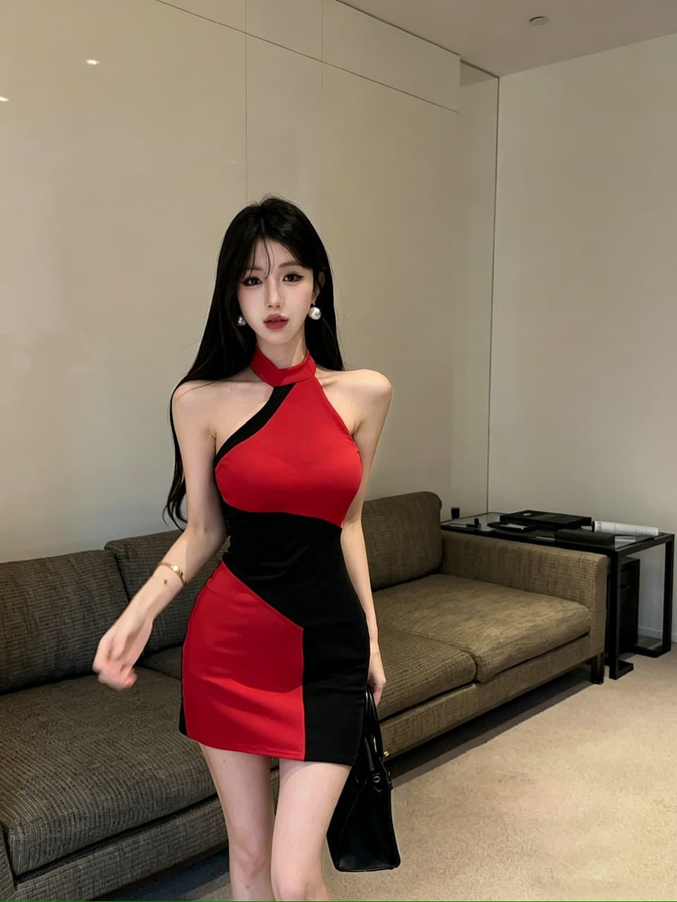 실사 면 소재 배색 드레스 상세 이미지 12
