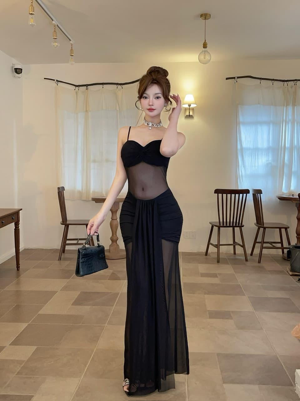 실사 롱 코트 시스루 망사 슬립 드레스 상세 이미지 11