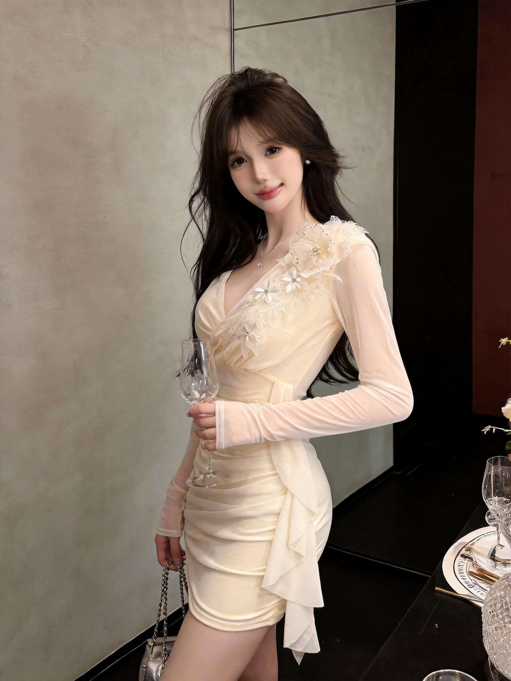 실사 긴팔 망사 드레스 상세 이미지 5