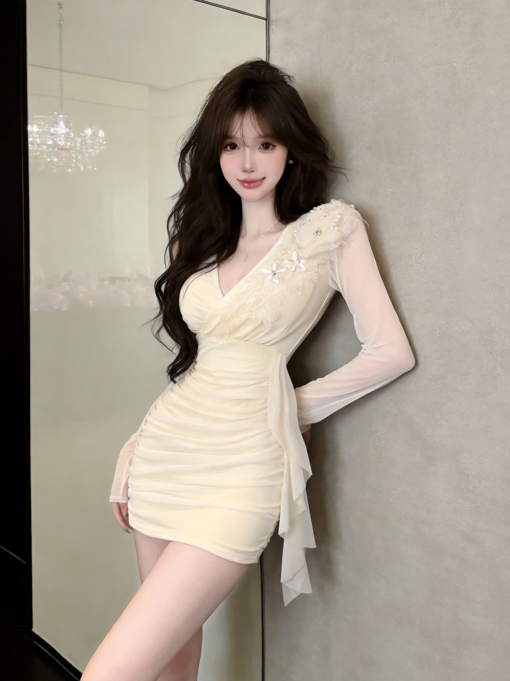 실사 긴팔 망사 드레스 상세 이미지 11