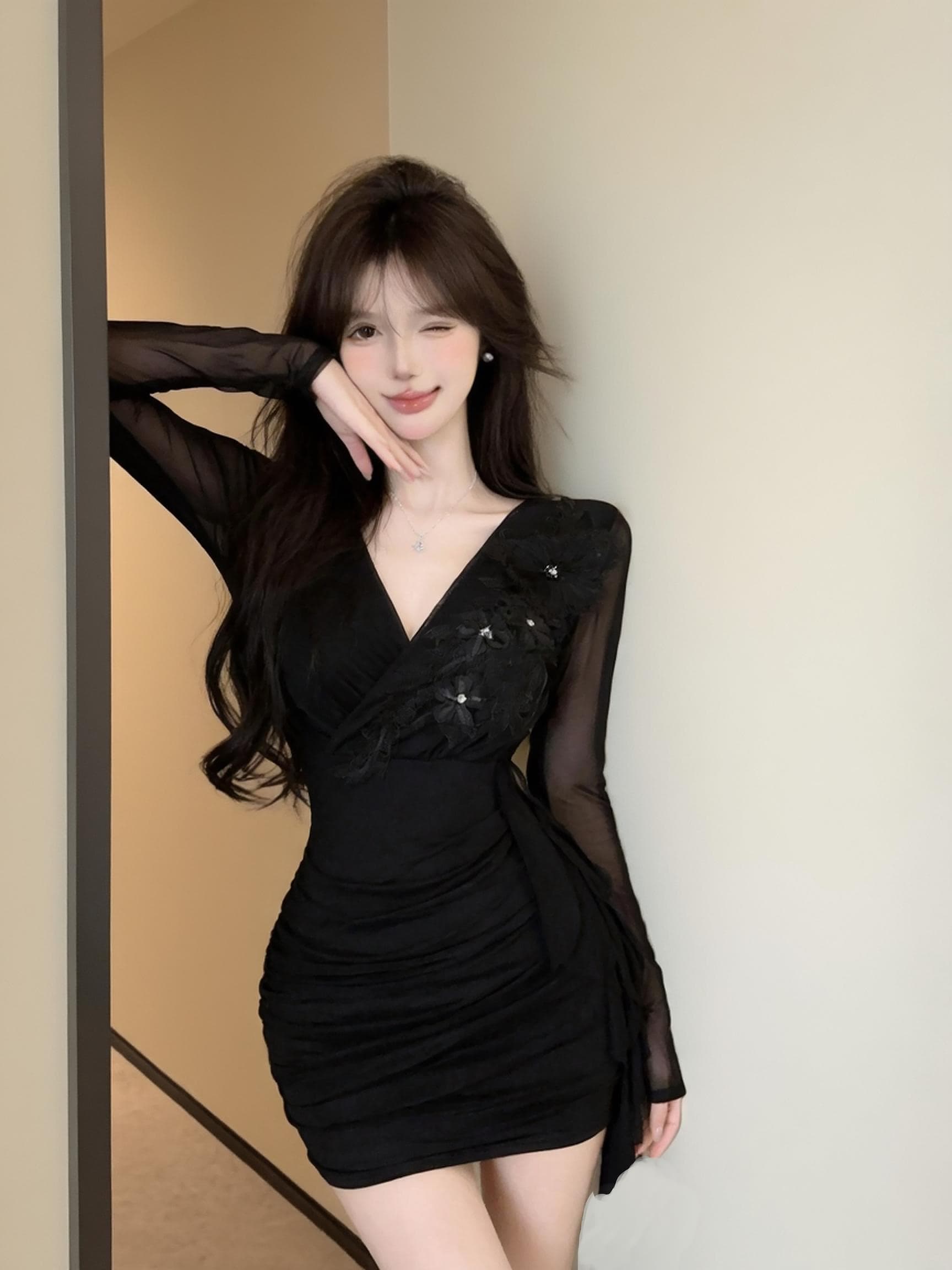 실사 긴팔 망사 드레스 상세 이미지 16