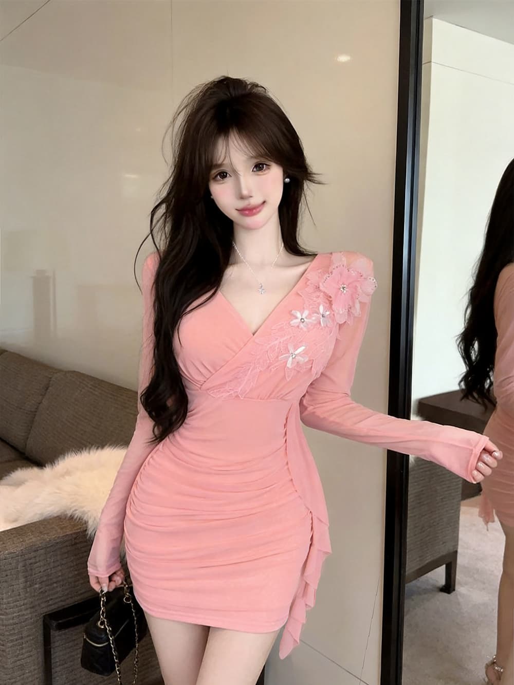 실사 긴팔 망사 드레스 상세 이미지 24