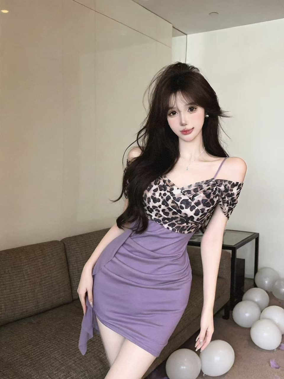 실사 망사 패치워크 레오파드 무늬 오프숄더 드레스 상세 이미지 1