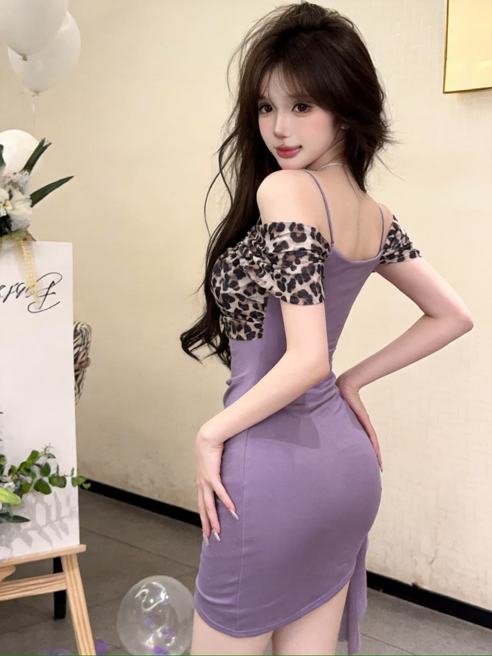 실사 망사 패치워크 레오파드 무늬 오프숄더 드레스 상세 이미지 10