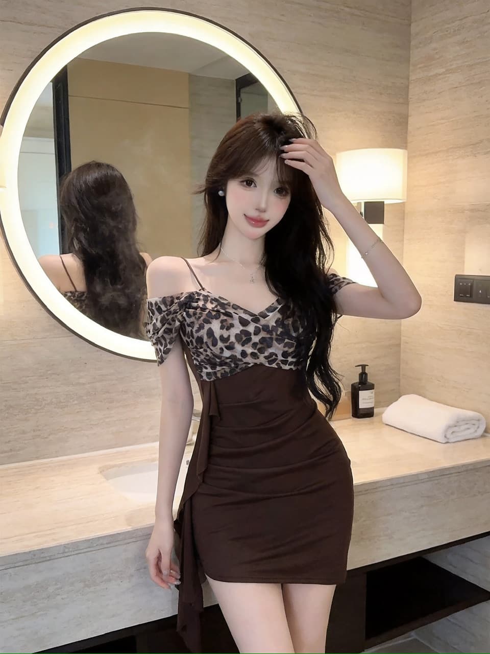 실사 망사 패치워크 레오파드 무늬 오프숄더 드레스 상세 이미지 38