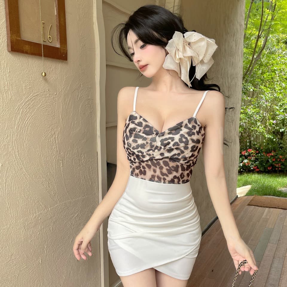 실사 레오파드 무늬 패치워크 망사 슬립 드레스 이미지 4