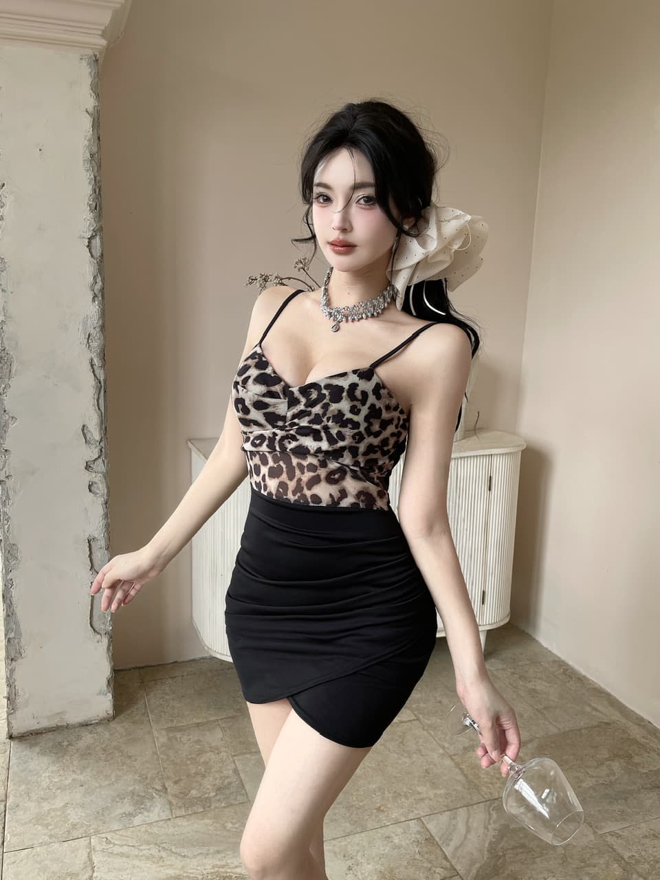 실사 레오파드 무늬 패치워크 망사 슬립 드레스 상세 이미지 2