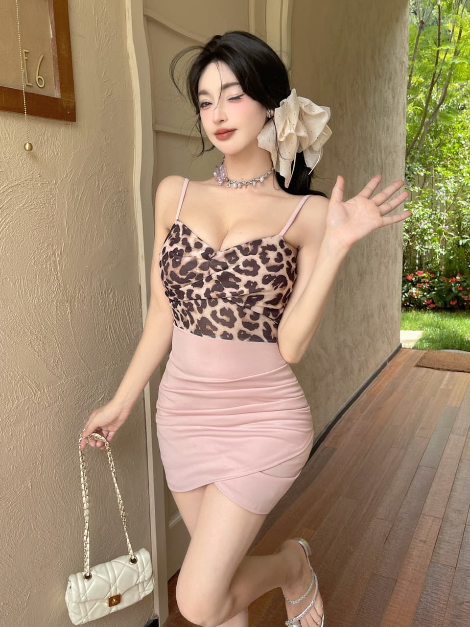 실사 레오파드 무늬 패치워크 망사 슬립 드레스 상세 이미지 10