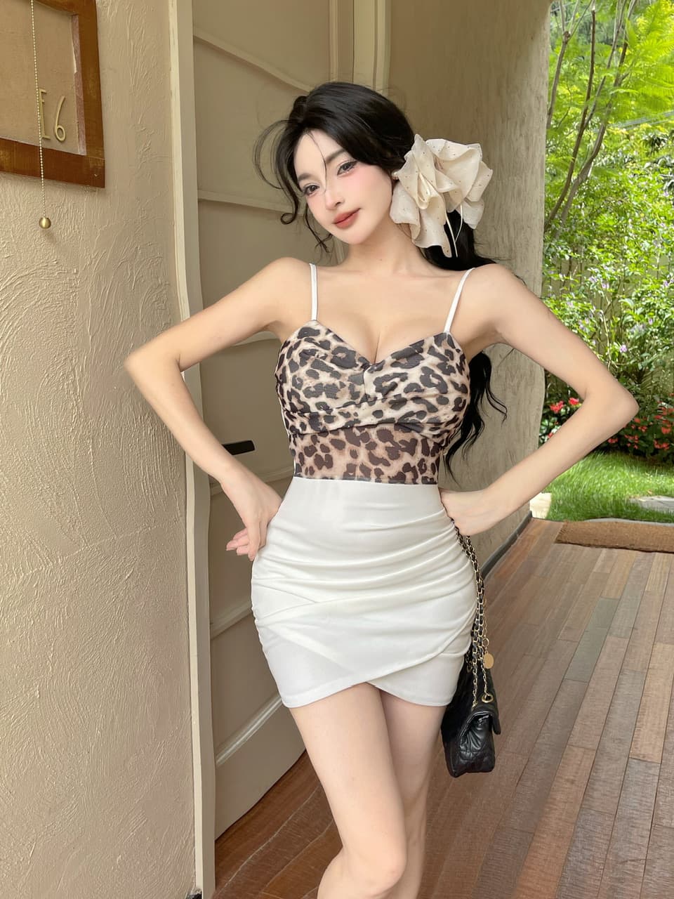 실사 레오파드 무늬 패치워크 망사 슬립 드레스 상세 이미지 21