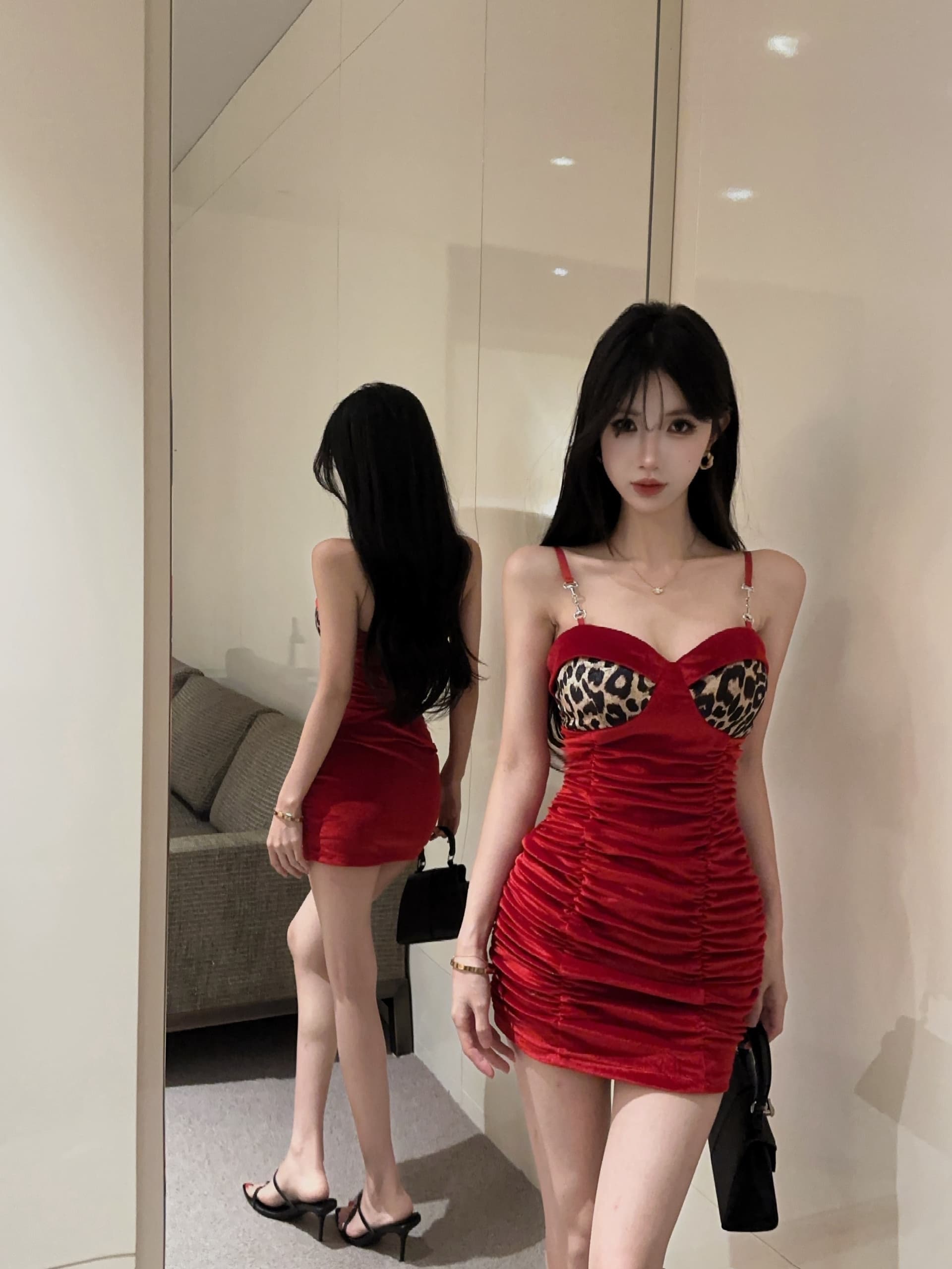 실사 금사 벨벳 패치워크 색상 슬립 드레스 상세 이미지 1