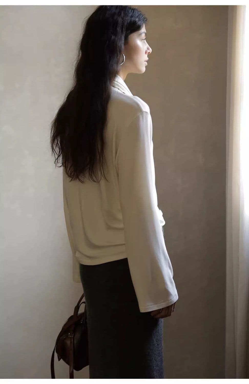 원본 품질 양면 연삭 털 흔들다 칼라 말뚝 더미 칼라 나팔 소매 긴팔 2026 봄 부드러운 찹쌀 기본 셔츠 티셔츠 이미지 2