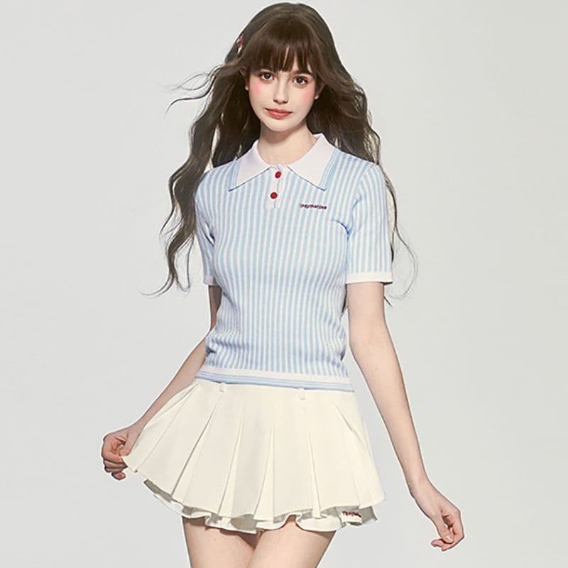 원본 품질 프랑스식 순수한 욕망 바람 세로 줄무늬 배색 POLO 칼라 니트 스웨터 2026 여름 새로운 연령 감소 맨위 여성 이미지 2