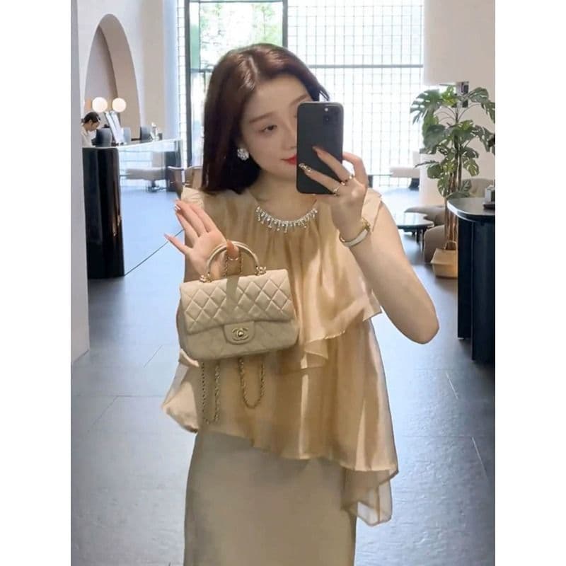 소금 부서 빛 요리 한 투피스 슈트 여름 2026 새로운 작은 대중 Chic 불규칙 작은 날다 소매 맨위 반신 치마 세트 상세 이미지 5