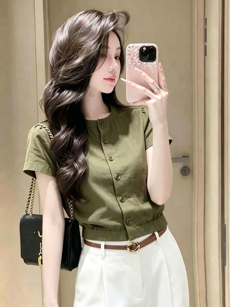프랑스식 우아함 숙녀 바람 녹색 라운드 넥 반팔 여성 셔츠 여름 섹션 고유 한 미니멀리즘 다용도 서리가 내린 셔츠 이미지 2
