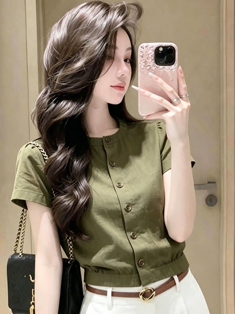 프랑스식 우아함 숙녀 바람 녹색 라운드 넥 반팔 여성 셔츠 여름 섹션 고유 한 미니멀리즘 다용도 서리가 내린 셔츠 상세 이미지 14