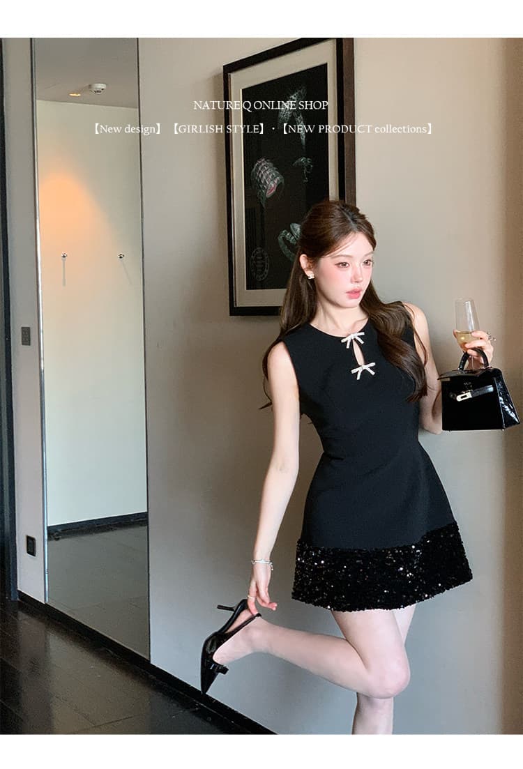 양 작은 볼륨 프랑스식 천 금빛 바람 스팽글 패치워크 허리 수축 민소매 여성 드레스 일상 웨어러블 예복 치마 작은 검은 드레스 상세 이미지 5