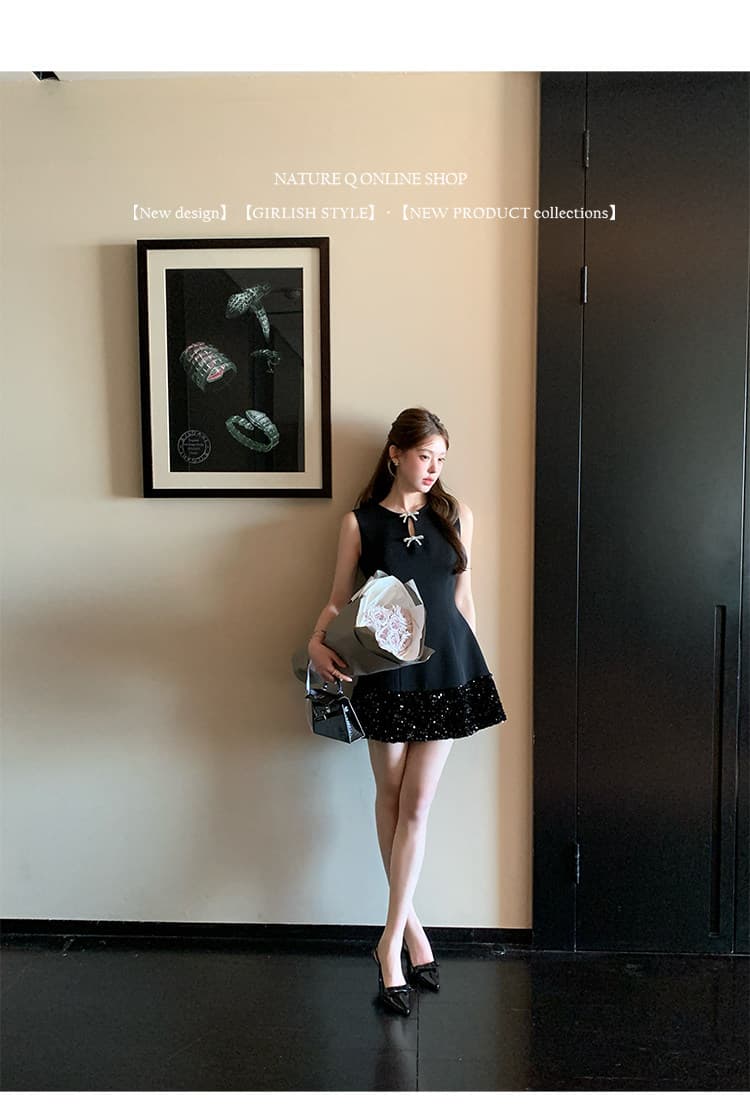 양 작은 볼륨 프랑스식 천 금빛 바람 스팽글 패치워크 허리 수축 민소매 여성 드레스 일상 웨어러블 예복 치마 작은 검은 드레스 상세 이미지 7
