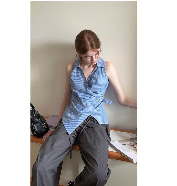 원본 품질 프랑스식 디자인 센스 폴로 칼라 행침 목 스트라이프 허리 수축 민소매 티셔츠 2026 여름 슬림해 보이는 맨위 여성 상세 이미지 4